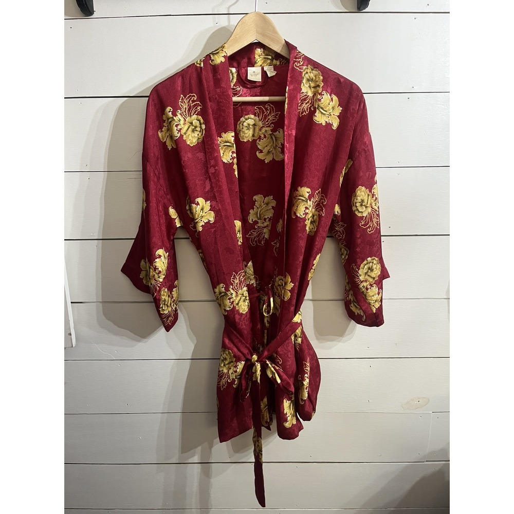 VTG 1980s Victorias Secret‎ Red Gold Crown Baroque Satin Short Bathrobe Small
